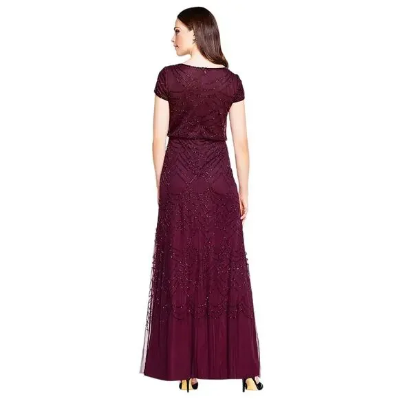 Adrianna Papell Beaded Sheer Overlay Evening Gown Cassis Wine Burgundy Women’s 6 - Picture 2 of 16